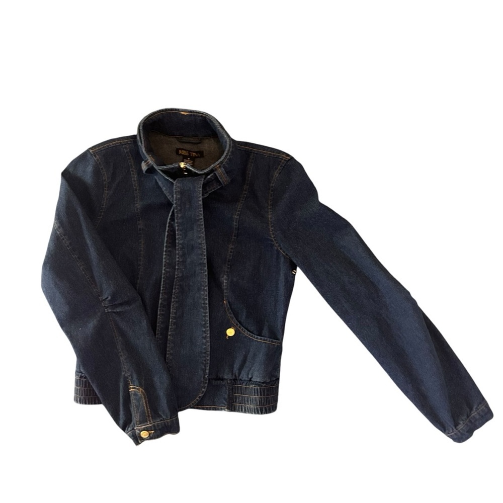 Miss Tina Tie Neck Zip Front Denim Jacket Size 8